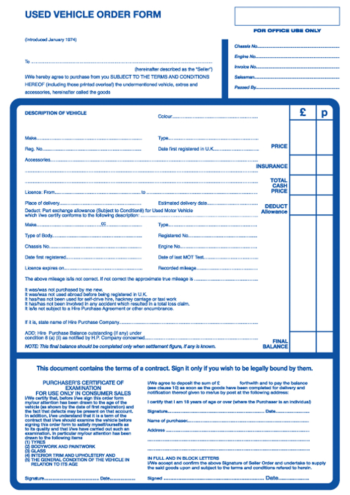 Used Vehicle Order Form - 50 A4 Inserts - Image 3