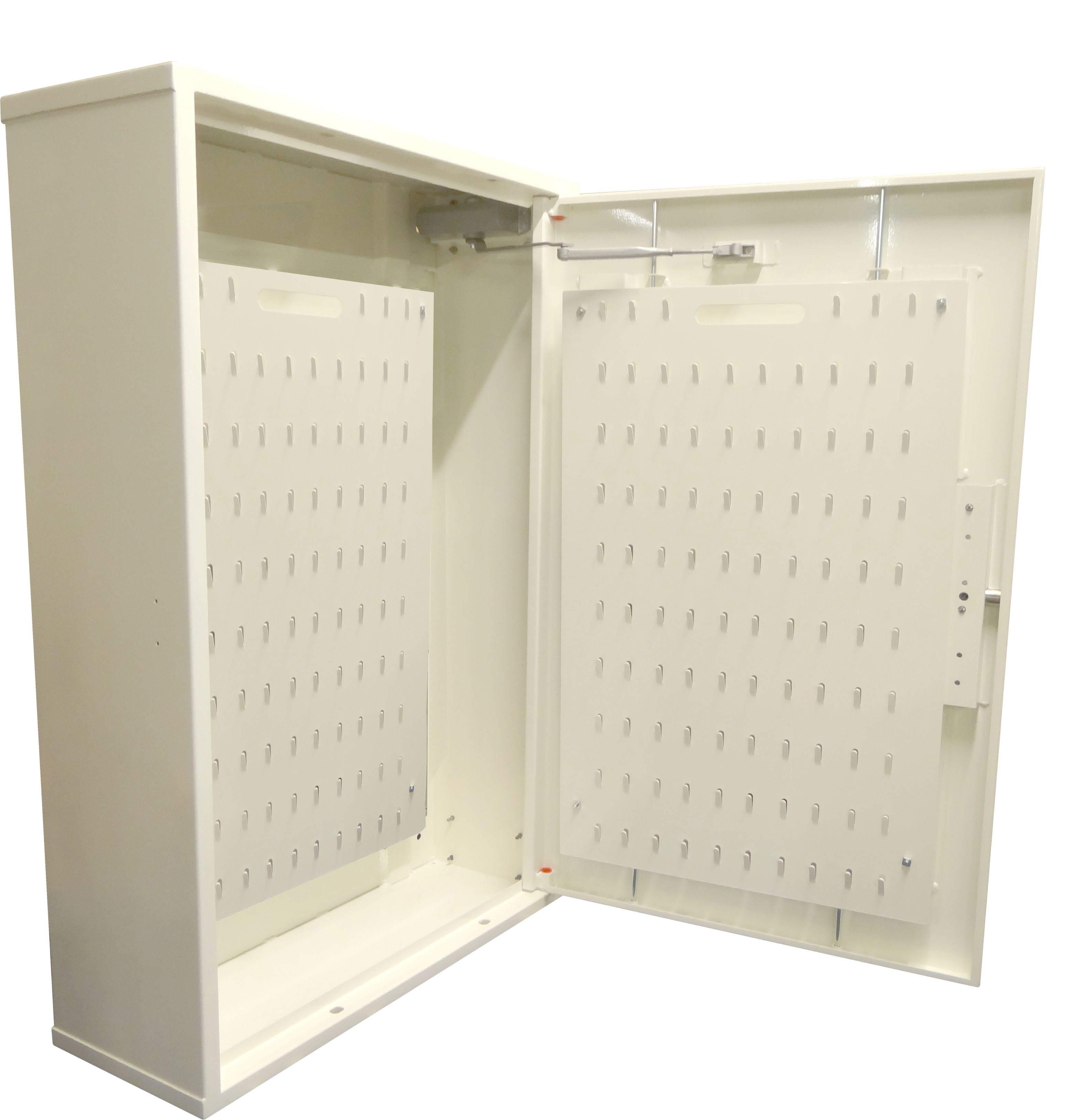 Secure self-closing key cabinets with key hooks