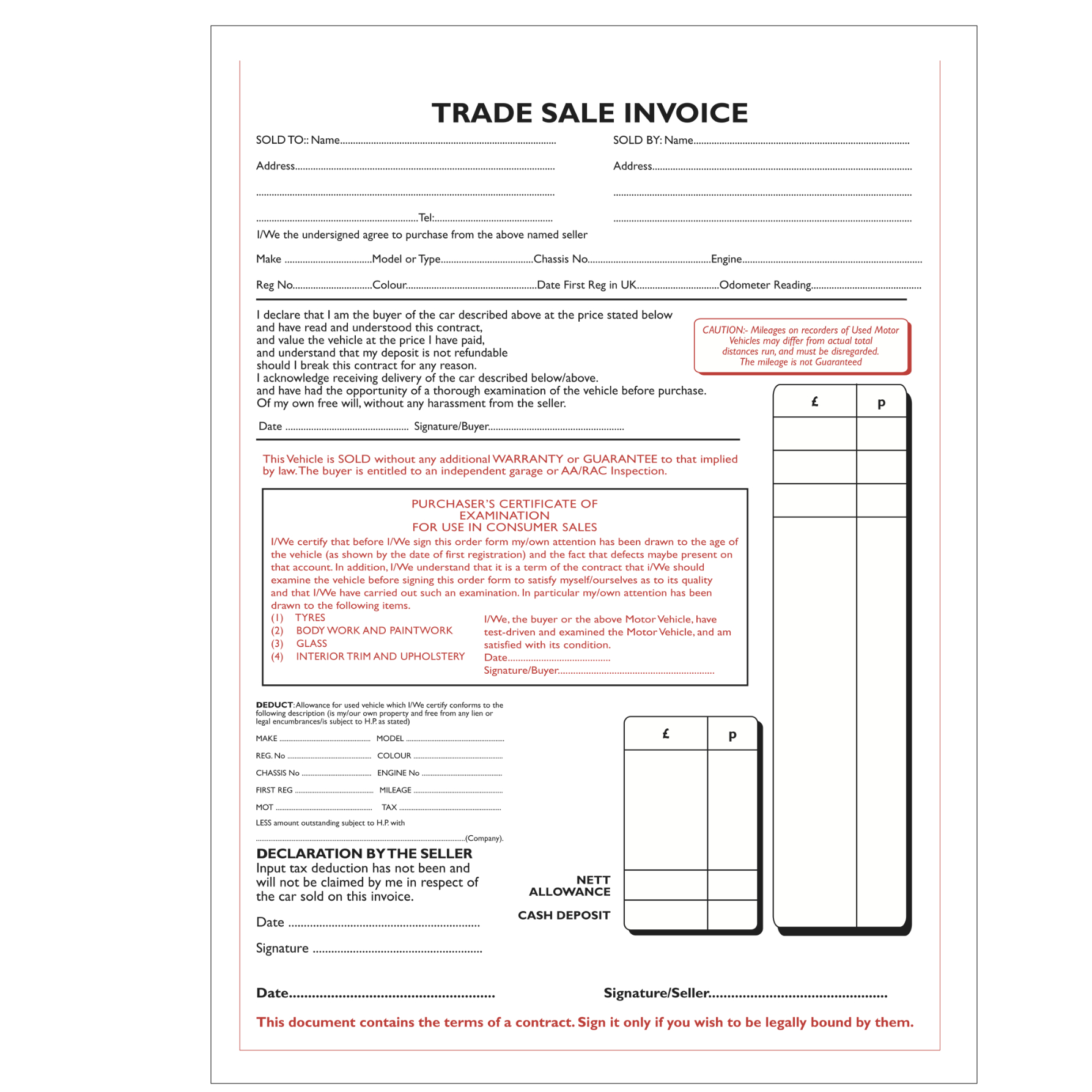 Trade sales invoice pad